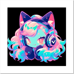 Cat Girl With Headphones Posters and Art